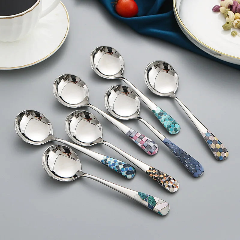 New Technology of New 304 Stainless Steel Spoon Silverware with Roasted Flowers Korean Cutlery Household Thickened Large Round