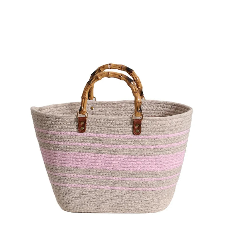 2026 Summer Collection Customizable Soft Cotton Rope Beach Bag Portable Lady's Handbag with Open Closure Gift for Women