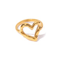 Waterproof 18k Gold Plated Stainless Steel Jewelry Hammer Pattern Hollow Heart Rings for Women