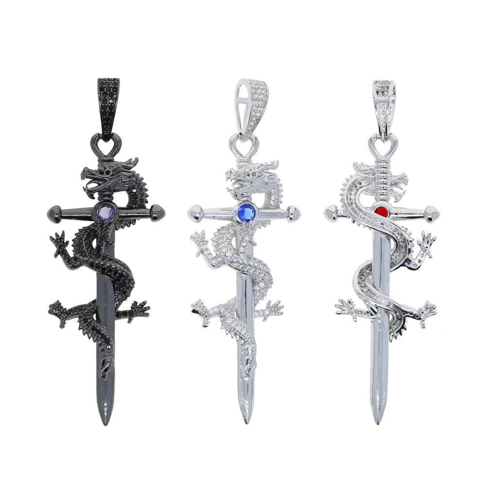 DUYIZHAO New Arrival Hip Hop Style Sword Pendant Fashion Jewelry Black Gold Plated Purple Zircon Dragon Pendant for Rapper Gift