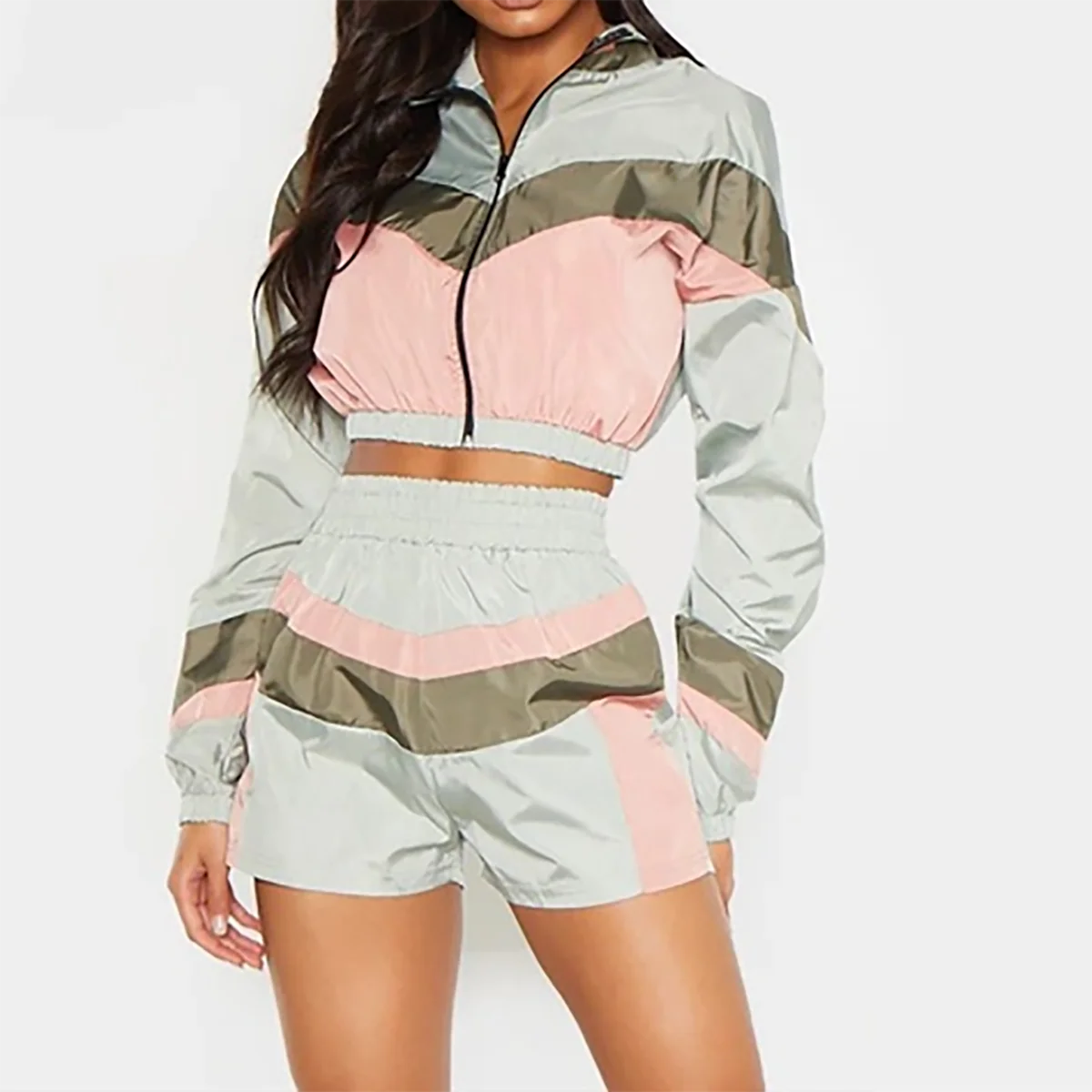 Women's Casual Waterproof Stand Crop Windbreaker Long Sleeve Zip Tulip Shorts Set Solid Color Blocked Tracksuit Custom Logo