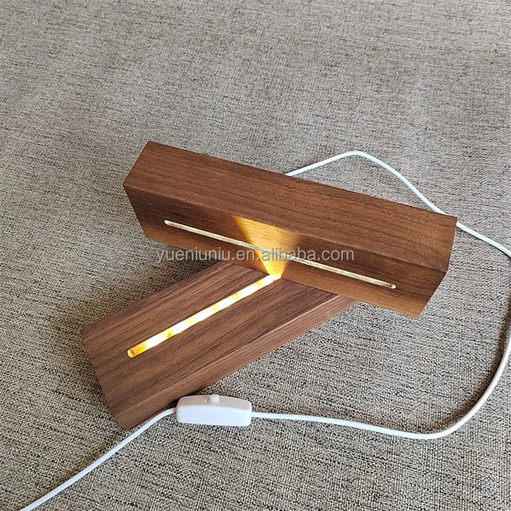 Hot Selling USB Rectangular 3D Night Light Holder Beech Walnut LED Light Minimalist Wooden Lamp Base Battery Powered Living Room