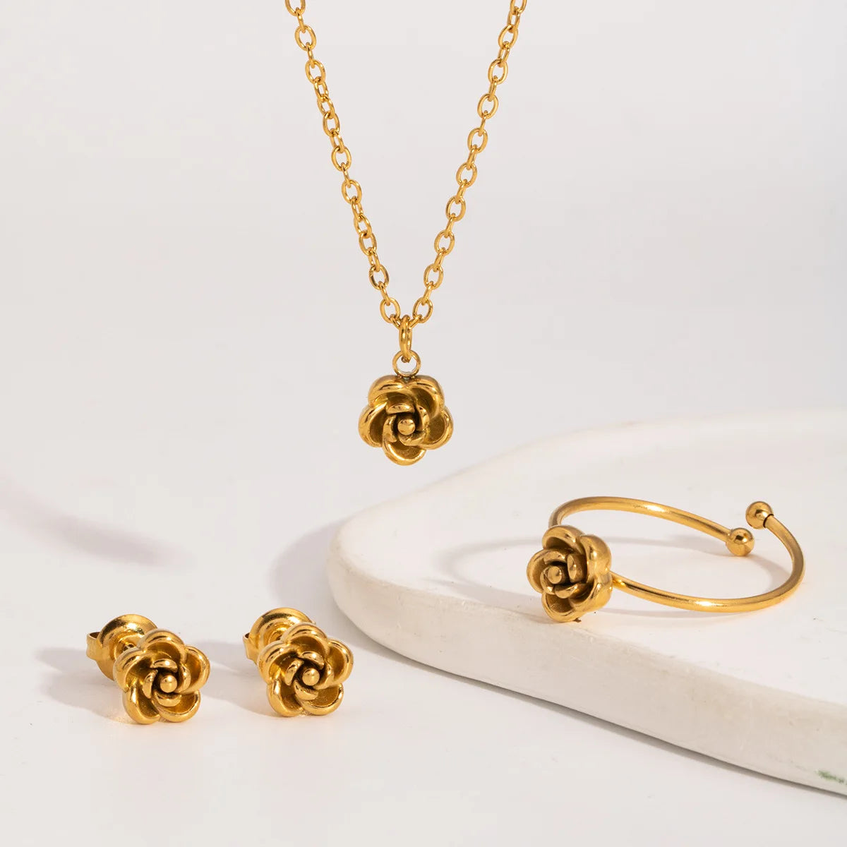 Vintage Style Jewelry 18K PVD Gold Plated Stainless Steel Elegant Rose Women Necklace Earring Ring Set
