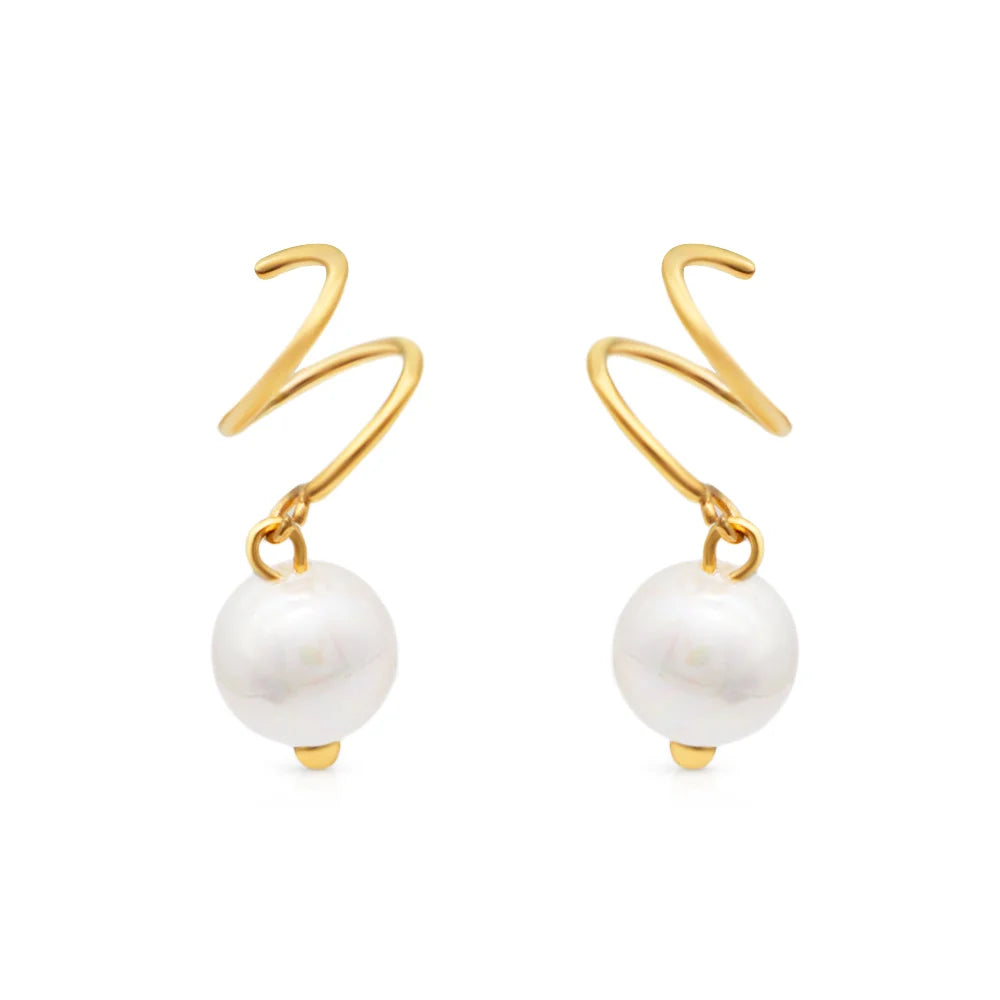 Chris April 316L Stainless Steel Spiral Pin Spring Earrings Waterproof Man-made Pearls Earrings 18K Gold Plated