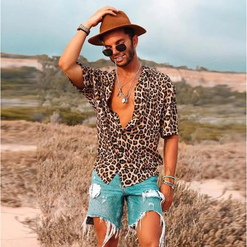 10%OFF S-3XL Summer New Leopard Print Men's Shirt Top Cotton T-Shirt Lapel Shirt