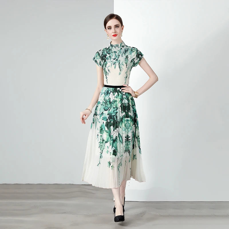 Set Women Printed Knit Tops Two Piece High Waist Mid Length Pleated Skirt 2 Pieces Custom Oem Casual Dresses