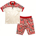 Customized Men Satin Quick Dry Two Piece Set Red Striped Print Polo Shirt Drawstring Waist Shorts Luxury Casual Streetwear