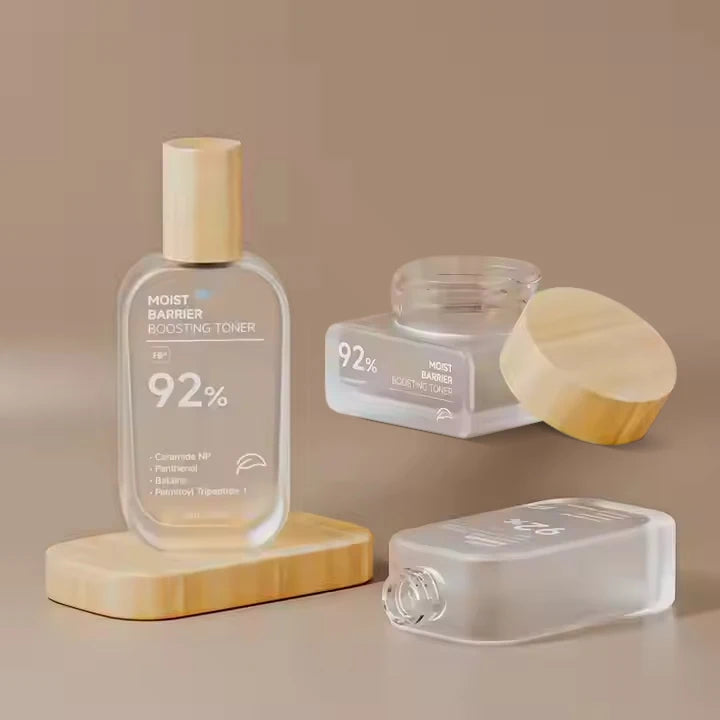 Wholesale Frosted Glass Face Cream Jar with Bamboo Lid Cosmetic Packaging Container for Skincare Set for Facial Cleanser Mascara
