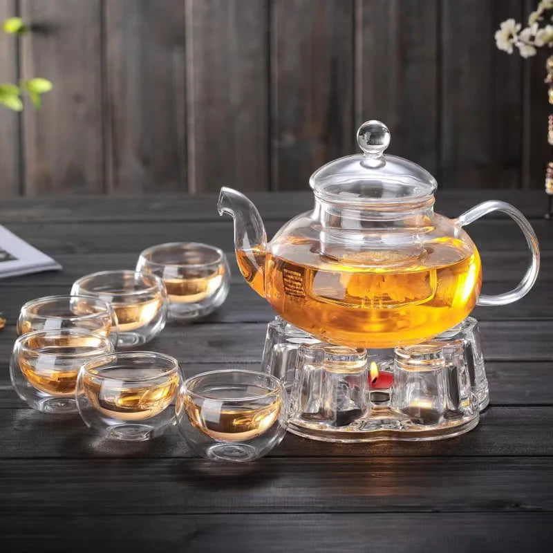 600ml High Borosilicate Glass Tea Set Pumpkin-Shaped Flower Design Glass Cups Warmer Customised Eco-Friendly Minimalist Style