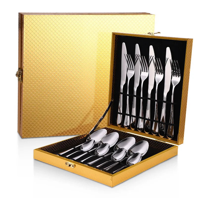 Spoons Steel Set 24 Piece Cutlery Flatware Set Stainless Steel Gold and Silver Cutlery Set 24 Pcs with Wooden Box