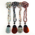 New Design Long Knotted Jewelry Amazonite India Agate Stone Necklace Agate Solider Drop Slices Stone Pendant Necklace