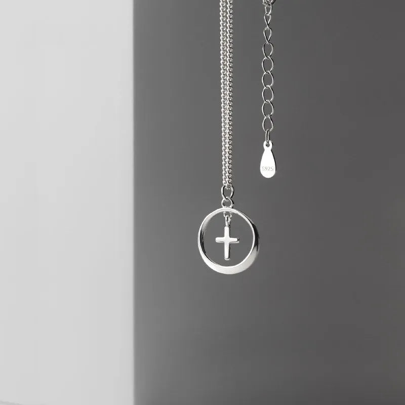 925 Sterling Silver Small Cross Pendant Necklace Statement Round Circle Shape Collares Necklaces Fine Jewelry for Women
