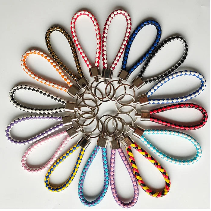 Wholesale Colorful Braided Pu Leather Keychain Weave Rope Strap Key Ring for Car Key