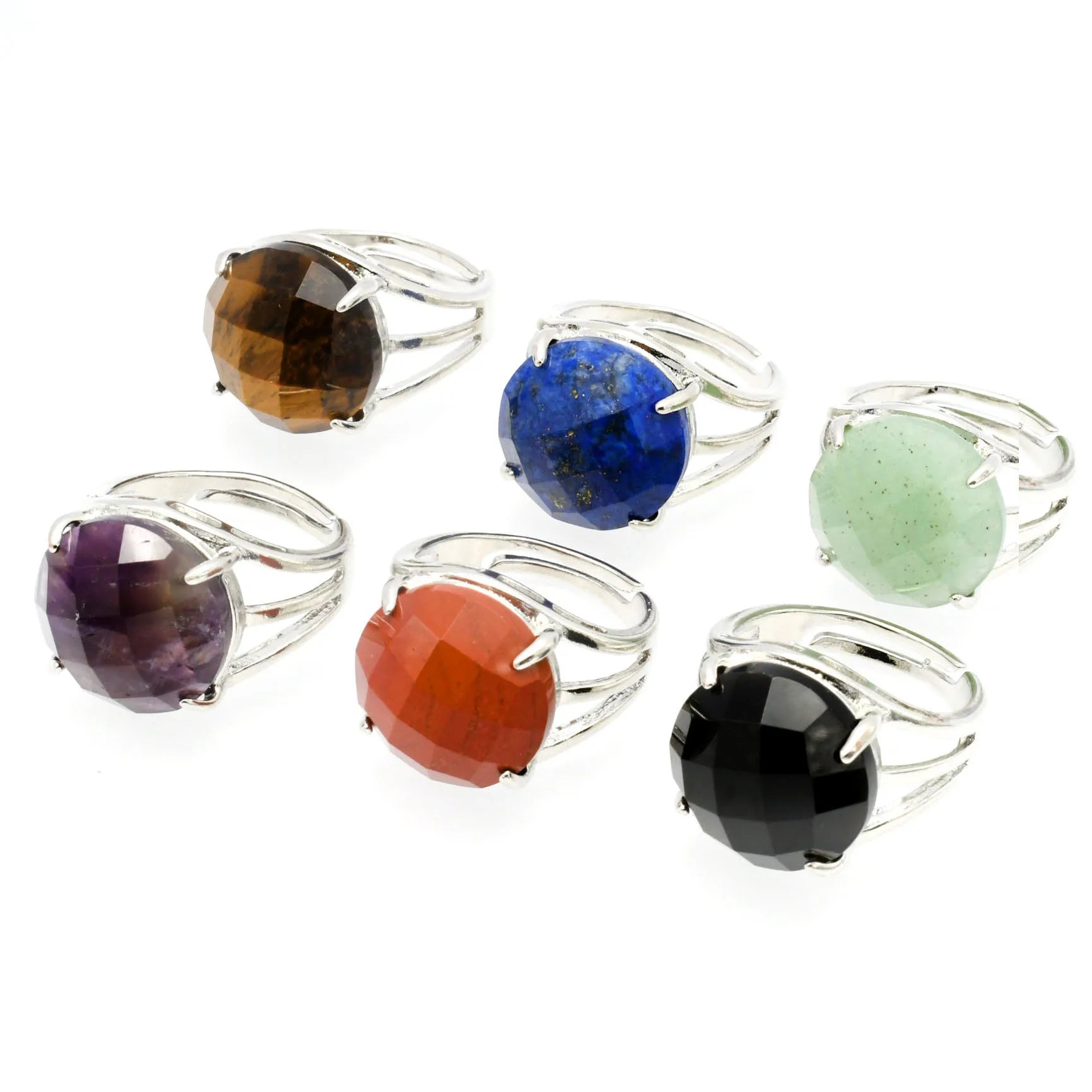 Natural Gemstone Lapis Tiger Eye Amethyst Labradorite Faced Round Cabochon Stone Copper Adjustable Ring for Women Men