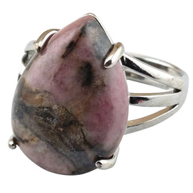 Fashion Retro Silver Plated Tear Drop Shaped Rings for Women Adjustable Rhodochrosite Stone Crystal Jewelry Rings