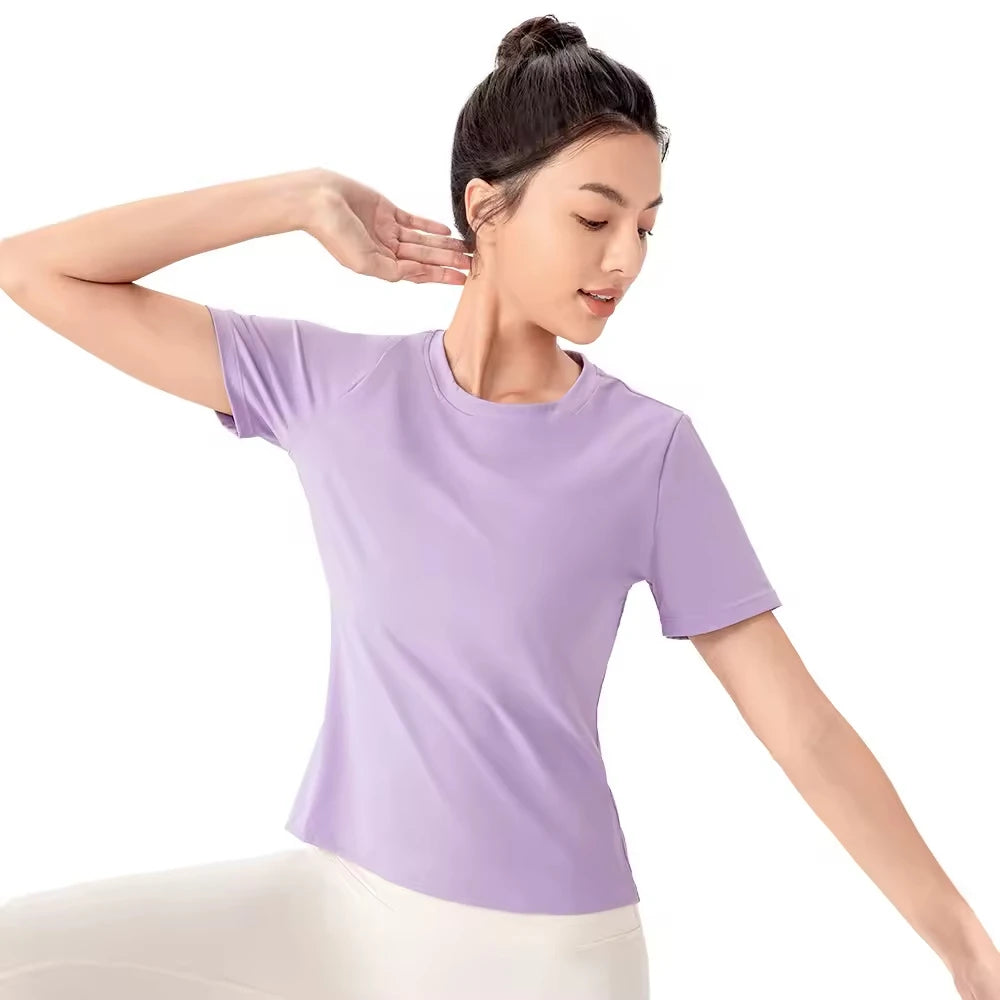 Women's Summer Yoga Short-Sleeved Fitness T-Shirt 30D Spun Yarn Breathable Running Sports Top Nude Seamless Plus Size Print