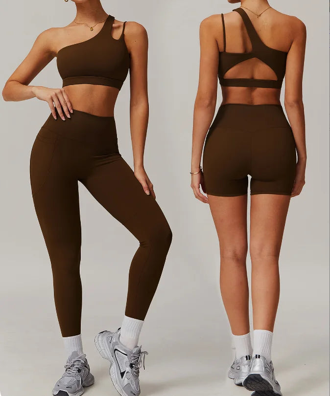 2025 New Style One Shoulder Yoga Set Gym Fitness Sportswear Bra + Legging Active Wear 3 Piece Yoga Set