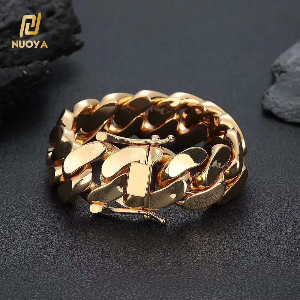 NUOYA Cuban Link Chain 22mm Men's and Women's Fine Jewelry Hip Hop Style 18k Gold Plated Brass Cuban Link Bracelet for Gift