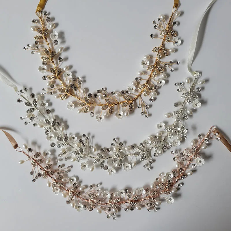 SLBRIDAL Handmade Rhinestones Crystal Pearls Floral Leaf Bridal Wedding Tiara Headband Headpieces Women Jeweley Hair Accessories