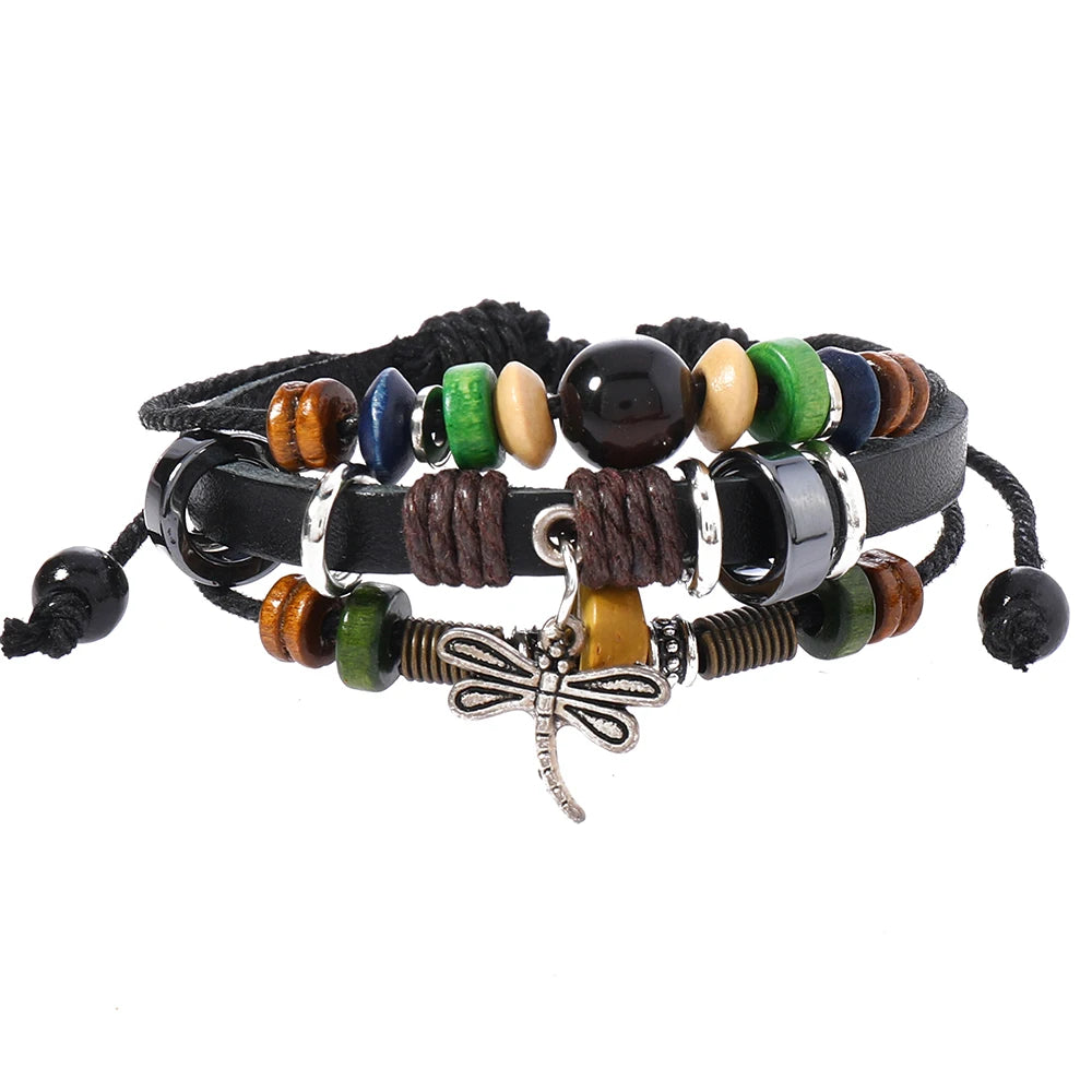 Wholesale Fashion Charm Bracelets Trendy Handmade Genuine Leather Dragonfly Design for Men and Women Personality Jewelry