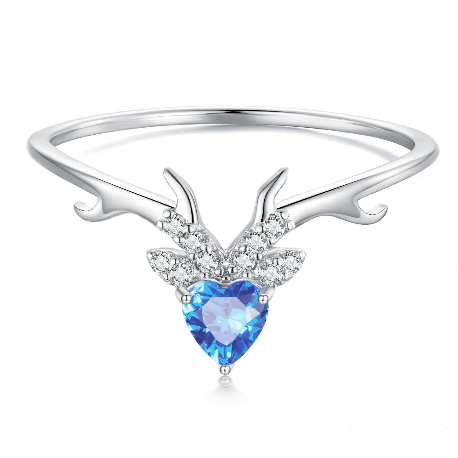 925 Sterling Silver Antler Rings with Blue Clear CZ Crystals Women's Creative Christmas Reindeer Fine Party Jewelry Gift BSR338
