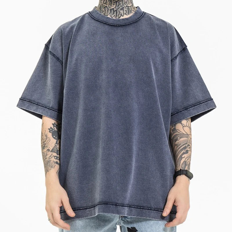 Custom Regular Fit Short Sleeve Drop Shoulder 100% Cotton Knitted Print High Street Style Vintage Washed T-Shirt