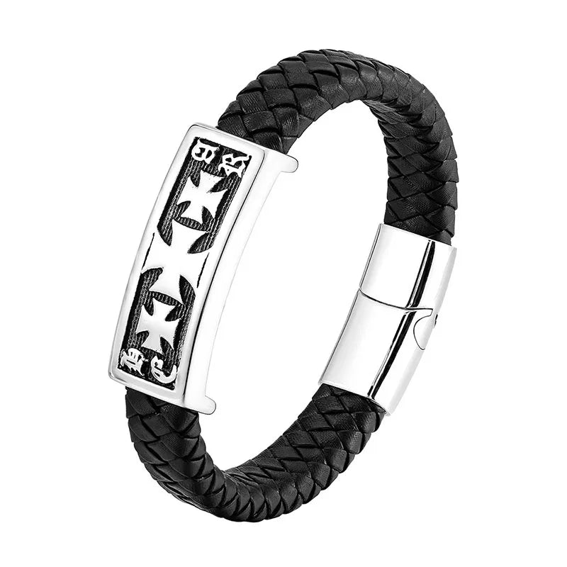Stainless Steel Cross Bracelets for Men Genuine Leather Fashion Jewelry with Personalize Silver Bangles