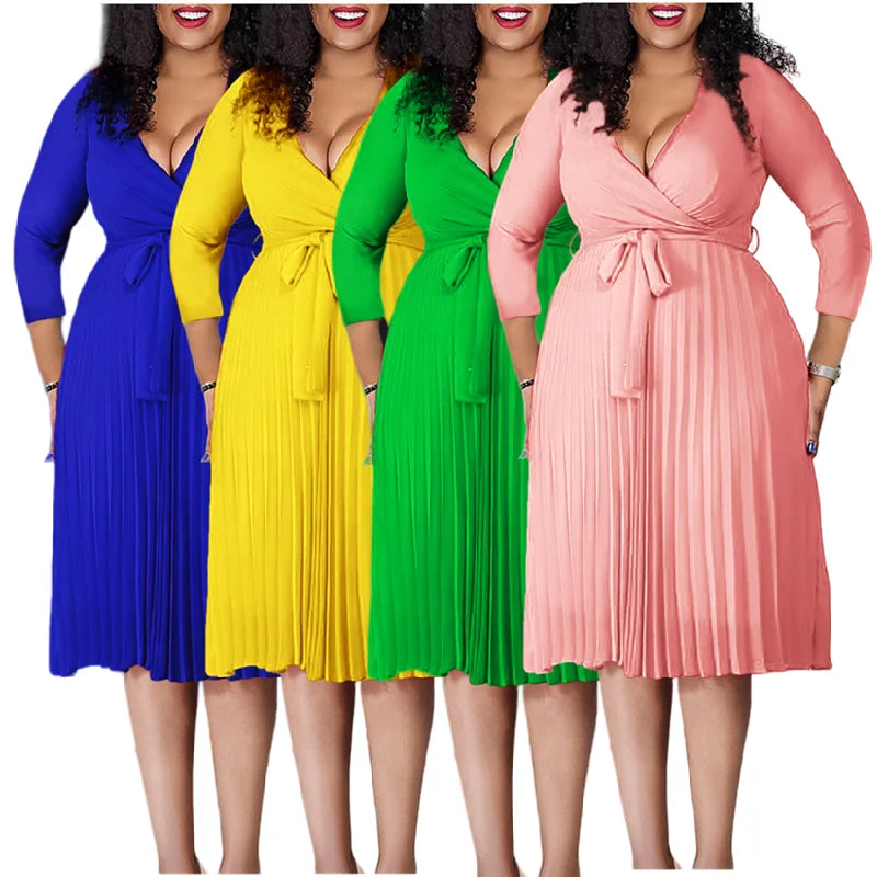 D430 Latest Design Fall Dresses 2023 Solid Color Lace up V-Neck African Dresses Women Lady Elegant Pleated Dress With Belt