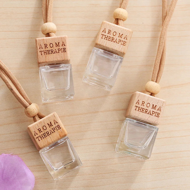 Wholesale clear air Freshener Diffuser Car Wood Cap Hanging Car Perfume Bottle 8ml square Glass Bottle for Car Perfume