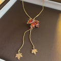 Real Gold Plated Zircon Red Maple Leaf Necklace Collar Vintage Double Layer Sweater Chain Necklace