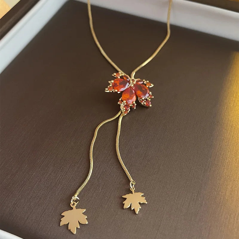 Real Gold Plated Zircon Red Maple Leaf Necklace Collar Vintage Double Layer Sweater Chain Necklace