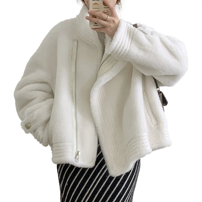 Custom Winter Warm Fur Leather Jacket Stand Collar Sheep Shearling Coat Women