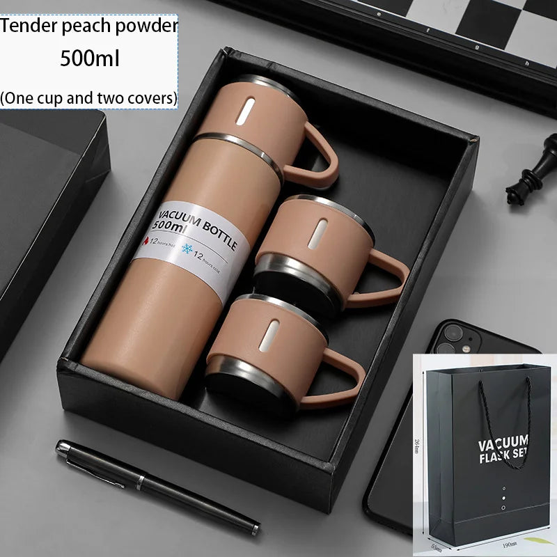 500ml Stainless Steel Vacuum Water Bottle Flask Thermos Mug Corporate Business Gift Set with 3 Lids One Set for Office Use