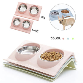 Double Dog Bowl Pet Feeding Dish Nonslip Raised PP Station Stainless Steel Feeder Dog Water and Food Bowls