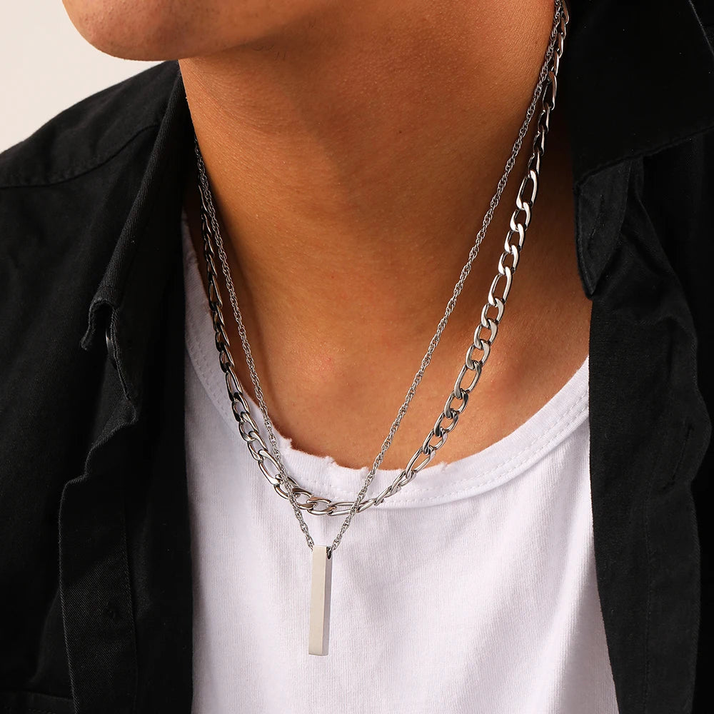 High Polished Hip Hop Men Double Layer Non Tarnish Stainless Steel Blank Custom Logo Vertical Bar  Pendant Necklace for Men