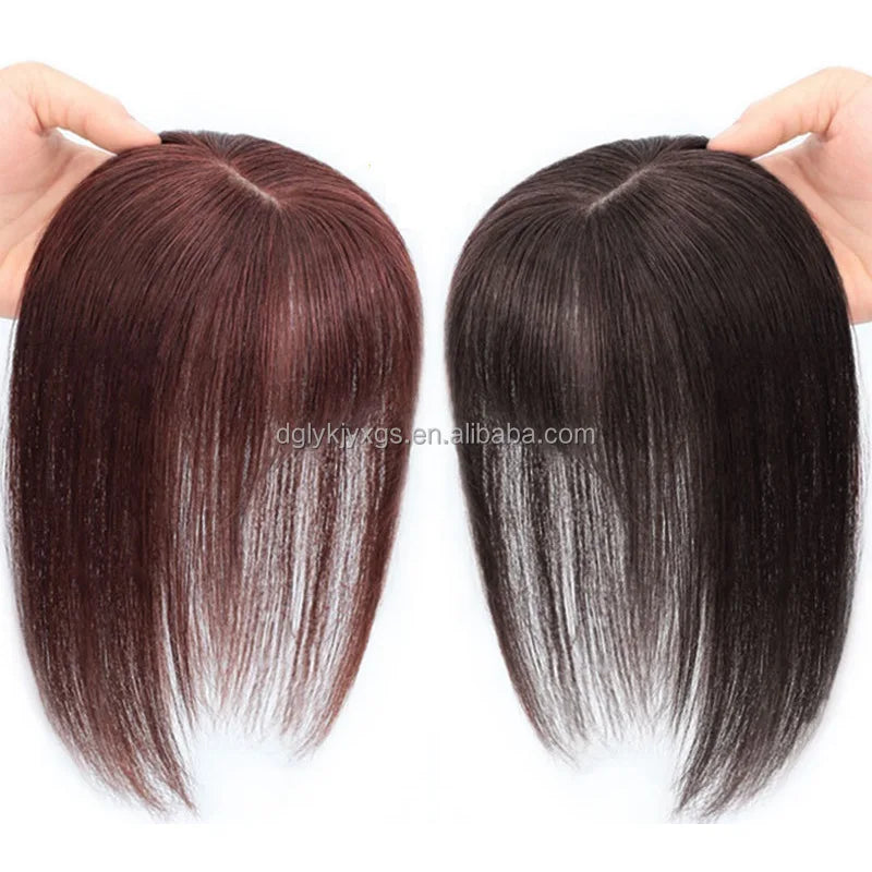 HE07 Crown Hair Topper Human Hair Blunt Bangs 8x12cm 8inch 12inch 3 Clip-In Topper Pieces Silk Base for Women Hair