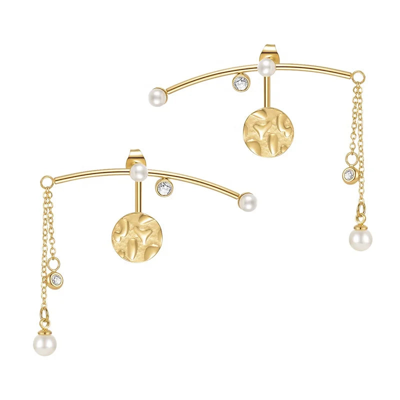 14K Gold Plated Stainless Steel Jewelry Creative Design Round Pearl Zircon Accessories Earrings E221374