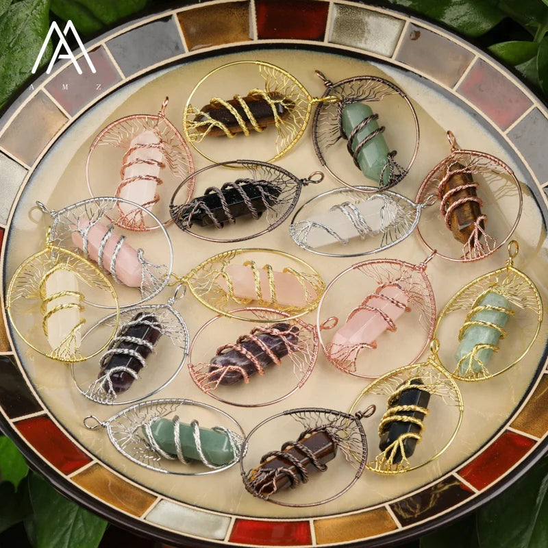 Children's Classic Chakra Stone Tree of Life Pendant Wire Wrapped Healing Crystal Reiki Point Charm Jewelry Wholesale