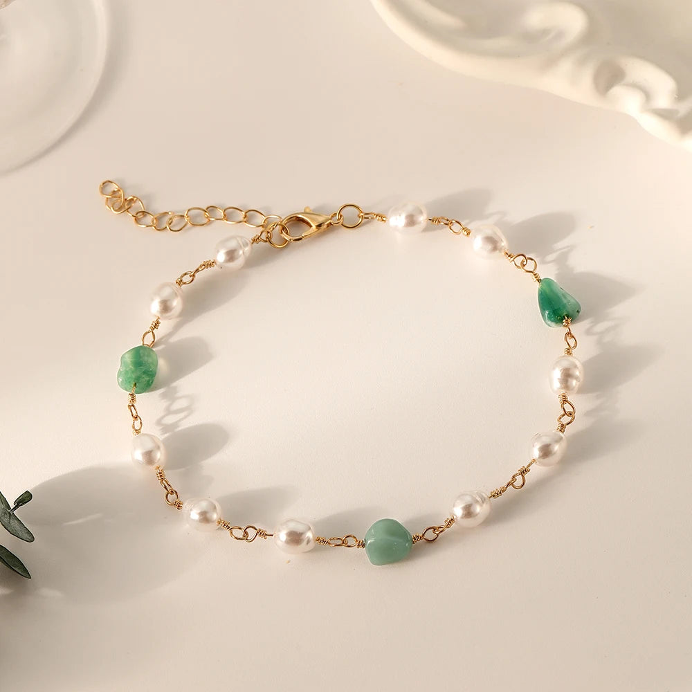 Wholesale Fashion Anklet 2023 Summer Beach Design Green Stone Pearl Gold Chain Anklets for Women