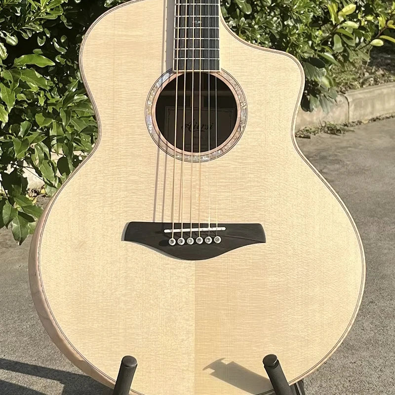 Aiersi All Solid Handmade Professional Acoustic Guitar Fingerstyle Folk Musical Instrument with Curly Maple Armrest and Binding