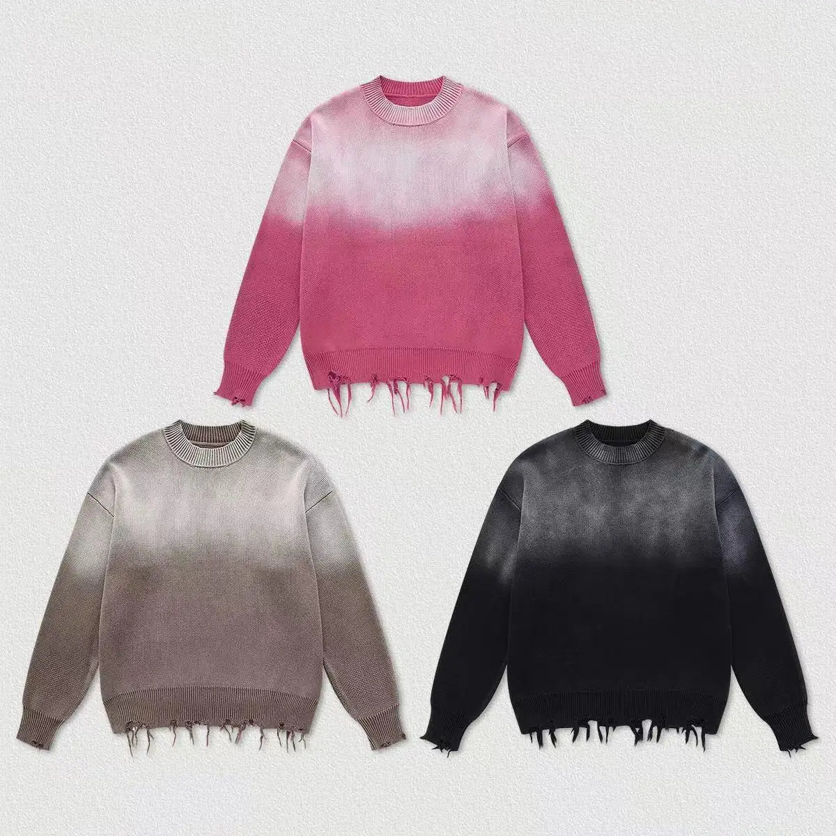 2026 Manufacturer Cotton Unisex Vintage Pink Crewneck Acid Wash Sweatshirt Men Streetwear Gradient Distressed Knit Retro Sweater