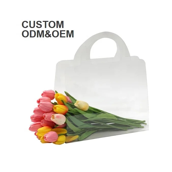 Tiktok Hot Sell Custom PVC Transparent Reusable Tote Bags PET Clear Flower Packaging Bags with Handles Ribbon