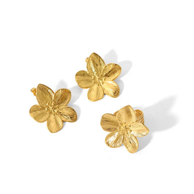 Pendientes De Titanio Stainless Steel Vintage Exaggerated Gold Stainless Steel Flower Earrings Ring Jewelry Set Jewelry