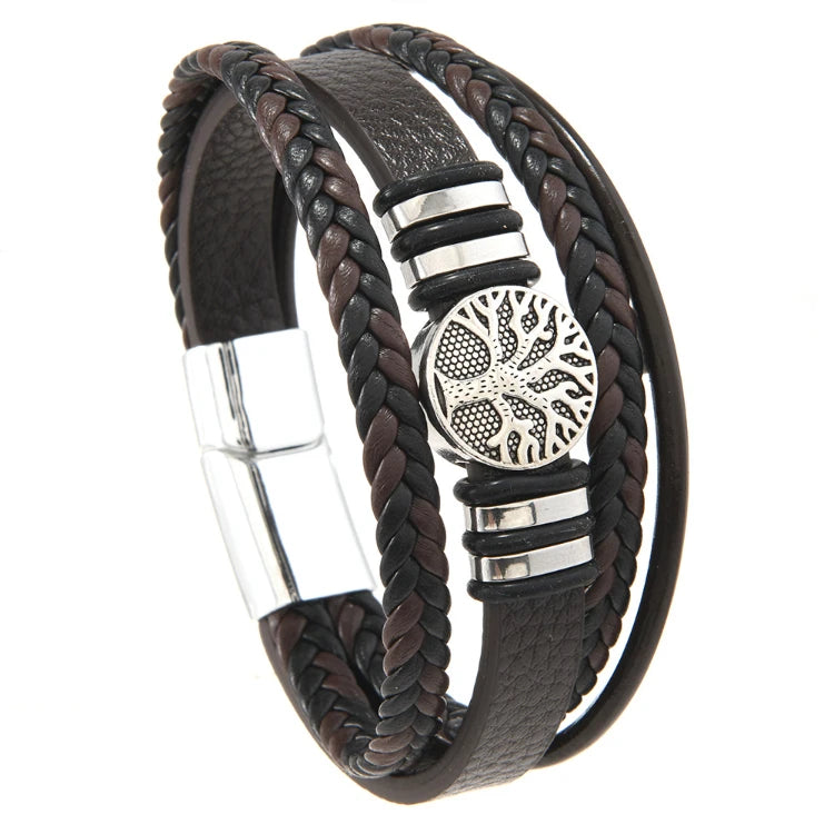 X181 Wholesale Fashion Men's Multi-Layer Magnetic PU Leather Braided Bracelet Round Stainless Steel Tree Pattern Buckle Bangle