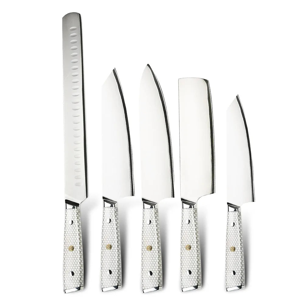 Frosted Sandblast Finished High Chromium 10CR15MOV Stainless Steel Amber Kitchen Chef Knife Set