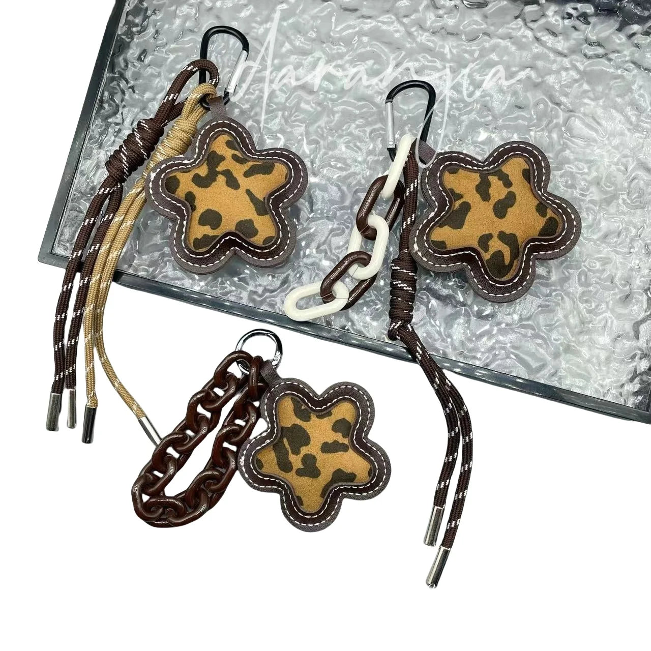 PU Leather Leopard Flower Bag Charm Key Chain Ins DIY Braided Rope Star Backpack Purse Pendant Jewelry Accessories for Women