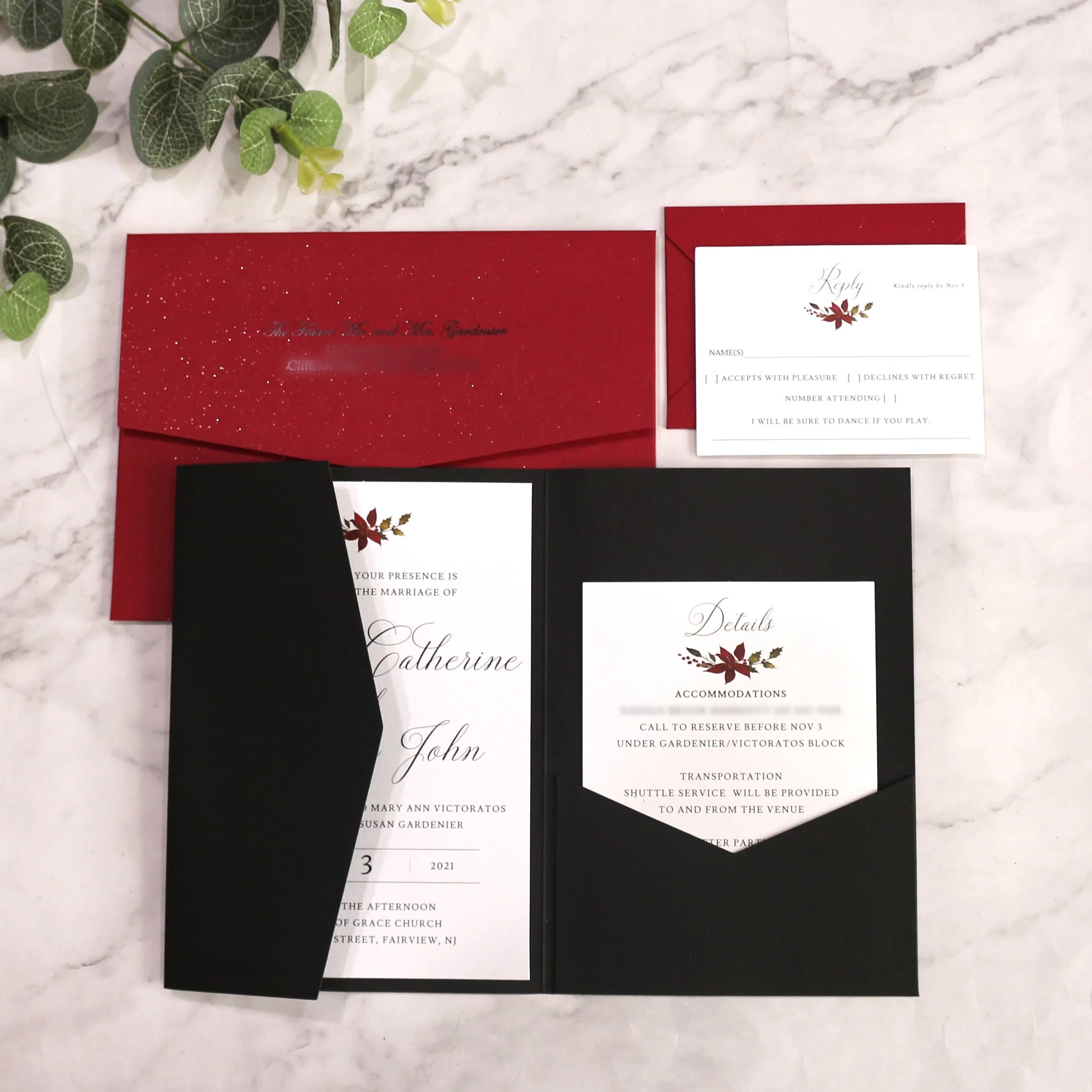 Creative Design Black and Red Paper Invitations Hot Stamping Foil RSVP Cards With Envelope Pocket Wedding Invitation Set
