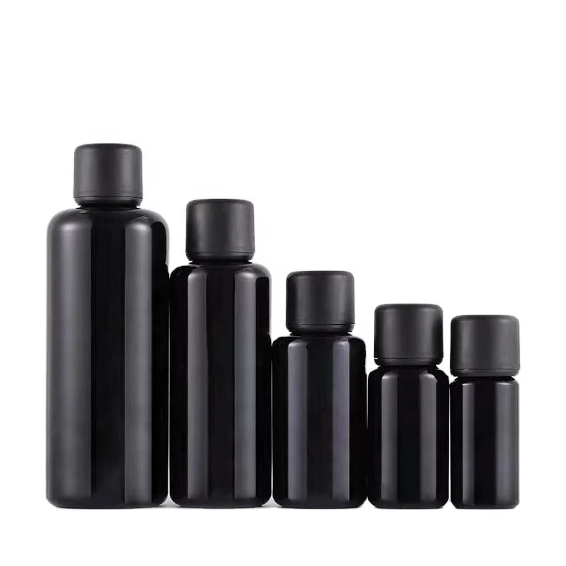 10ml-100ml Black Glass Essential Oil Bottles (100pcs MOQ) Hot Stamping Shape Crown Cap Custom Logo Reed Diffuser Ready Silk