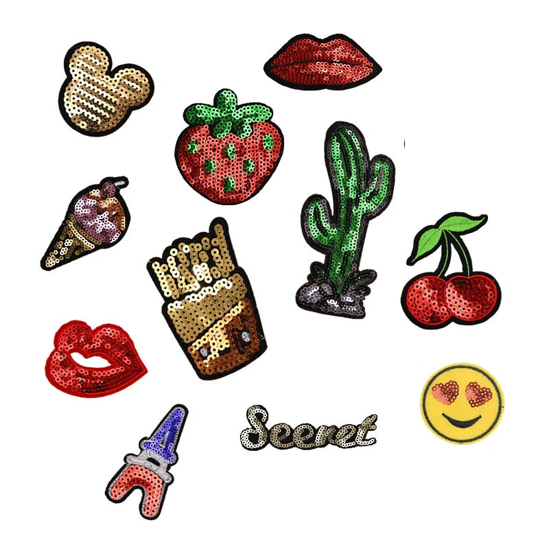 Good Quality Bulk Stock Cherry 3D Embroidered Iron-On Sequin Patches for T-Shirt and Dress Decoration