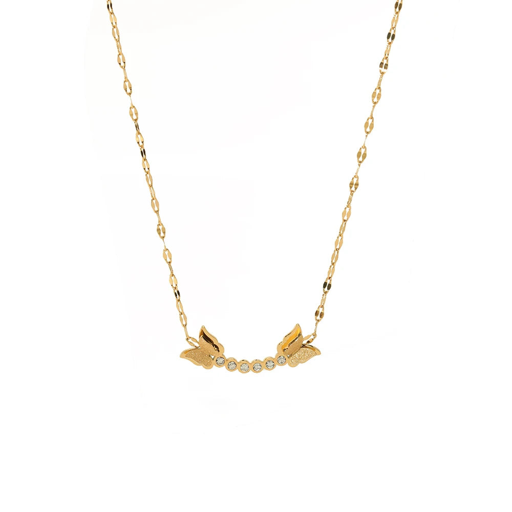 Plated Wave Link Choker Necklace 18K Gold Plated Stainless Steel Charms Clear Cubic Zirconia Butterfly Women Buddhism